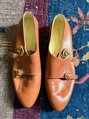 Sarah Flint Double Monk Strap Leather Shoes in Cognac NEW
